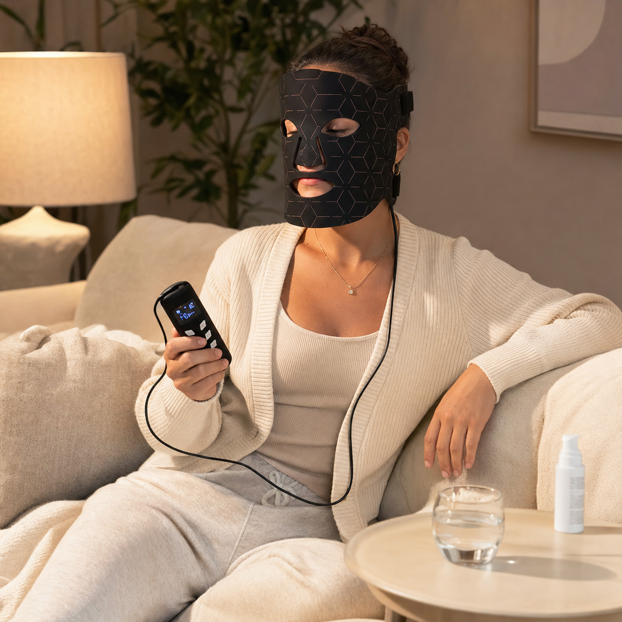 Woman relaxing at home while using the black SR-M4 LED beauty mask and controller