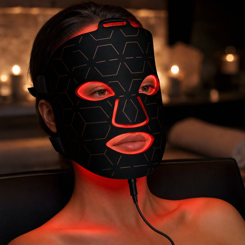 Close-up of the black SR-M4 LED beauty mask during a red-light session