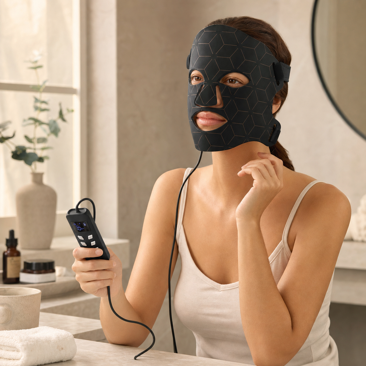 Woman using the black SR-M4 LED beauty mask and handheld controller at a vanity